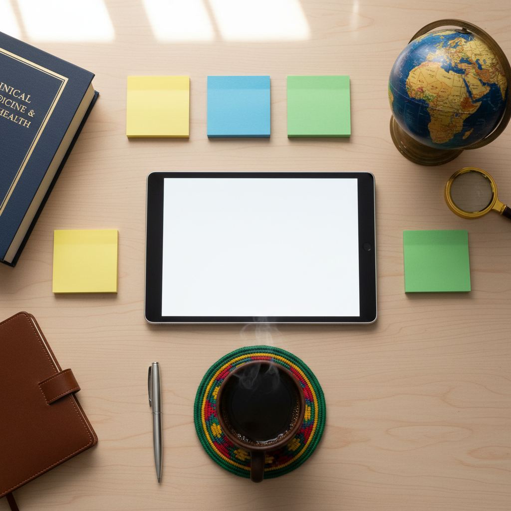 A photographic top-down view of a tidy home workspace used for researching and debunking health myths in the Habesha diaspora. A slim, modern tablet lies centered on a natural wood table, displaying a blank, softly glowing screen. Surrounding it are color-coded sticky notes without text, a closed medical reference book, and a small globe subtly turned toward the Horn of Africa. Nearby, a ceramic cup of dark buna coffee rests on a woven coaster inspired by traditional Ethiopian patterns. Diffused afternoon light from an unseen window gives the scene a gentle, even illumination with minimal shadows. The mood is focused, organized, and scholarly, suggesting rigorous fact-checking. Photographic realism with sharp focus throughout, minimalist and professional composition.