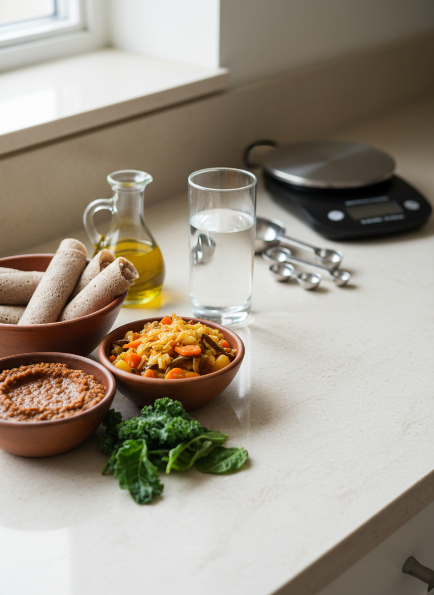 A close-up photograph of a kitchen counter prepared for a myth-debunking article about traditional versus modern nutrition. On a smooth, light stone surface, small clay bowls hold injera pieces, lentils, and spiced vegetables, carefully arranged beside olive oil, fresh leafy greens, and a glass of water. In the background, slightly out of focus, are modern measuring spoons and a digital kitchen scale, symbolizing evidence-based dietary guidance. Soft daylight from a side window creates natural highlights on the food’s textures and faint shadows behind each object. The composition follows the rule of thirds, with a balanced, clean, and modern aesthetic. The atmosphere feels practical yet culturally rooted in Ethiopian cuisine, emphasizing clarity over superstition without any human presence.