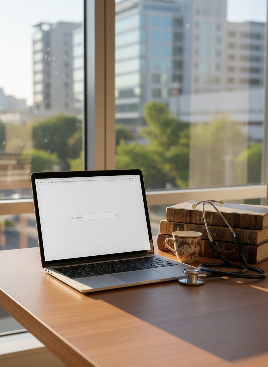 A neatly arranged wooden desk displaying a physician’s tools for myth-busting health information: an open laptop showing a blank, clean browser window, a stethoscope coiled beside a stack of well-used medical textbooks, and a ceramic Ethiopian coffee cup with a subtle traditional pattern. The desk sits near a bright apartment window overlooking a soft-focus modern city. Mid-morning natural light pours in, casting gentle, realistic shadows and crisp highlights on metal and paper. Photographic realism, shot at eye level with a shallow depth of field so the foreground objects are sharp while the background blurs. The mood is professional, calm, and trustworthy, suggesting careful, evidence-based Habesha wellness guidance without any visible people or text.